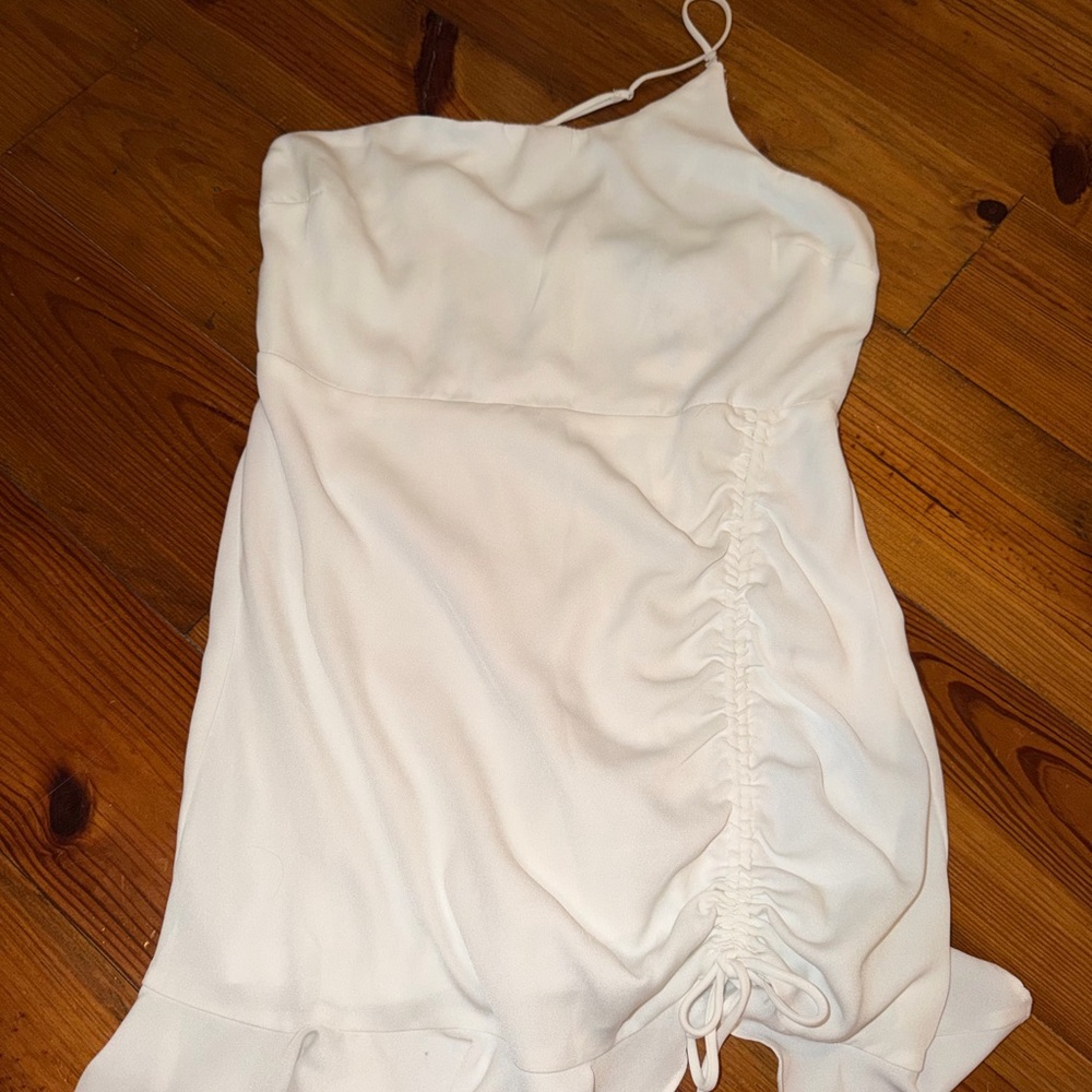 White One-Shoulder Ruched Mini Dress